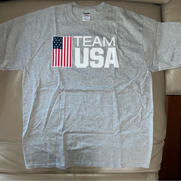 New 2 TEAM USA OLYMPIC RINGS/AMERICAN FLAG T-SHIRTS Men XL short sl gray & navy - Picture 3 of 10